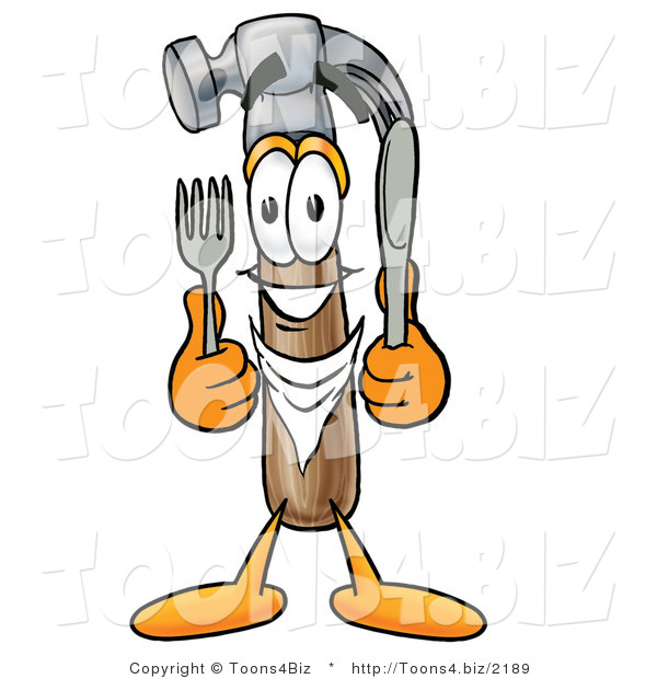 Illustration of a Cartoon Hammer Mascot Holding a Knife and Fork