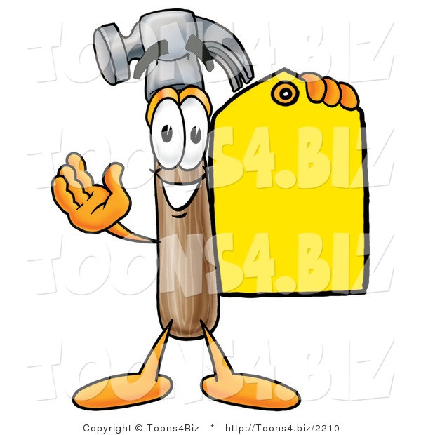 Illustration of a Cartoon Hammer Mascot Holding a Yellow Sales Price Tag