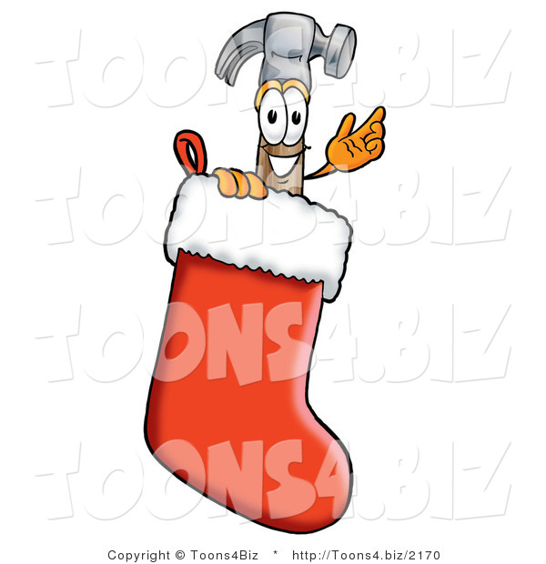 Illustration of a Cartoon Hammer Mascot Inside a Red Christmas Stocking