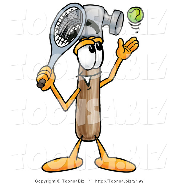 Illustration of a Cartoon Hammer Mascot Preparing to Hit a Tennis Ball
