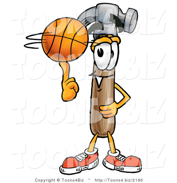 Illustration of a Cartoon Hammer Mascot Spinning a Basketball on His Finger