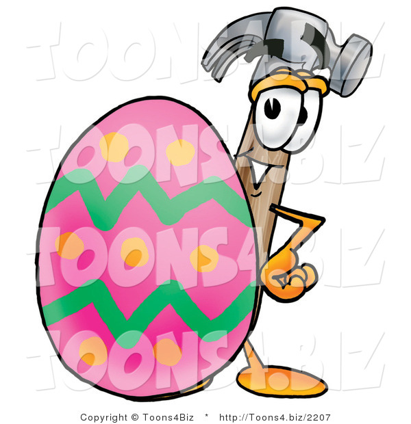 Illustration of a Cartoon Hammer Mascot Standing Beside an Easter Egg