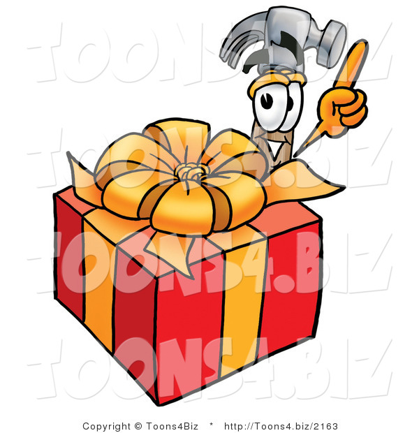 Illustration of a Cartoon Hammer Mascot Standing by a Christmas Present