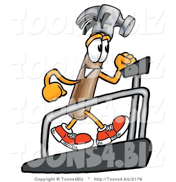 Illustration of a Cartoon Hammer Mascot Walking on a Treadmill in a Fitness Gym