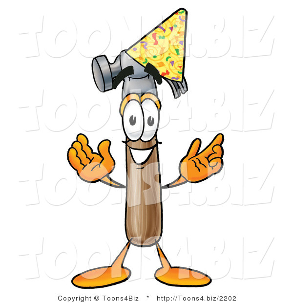 Illustration of a Cartoon Hammer Mascot Wearing a Birthday Party Hat