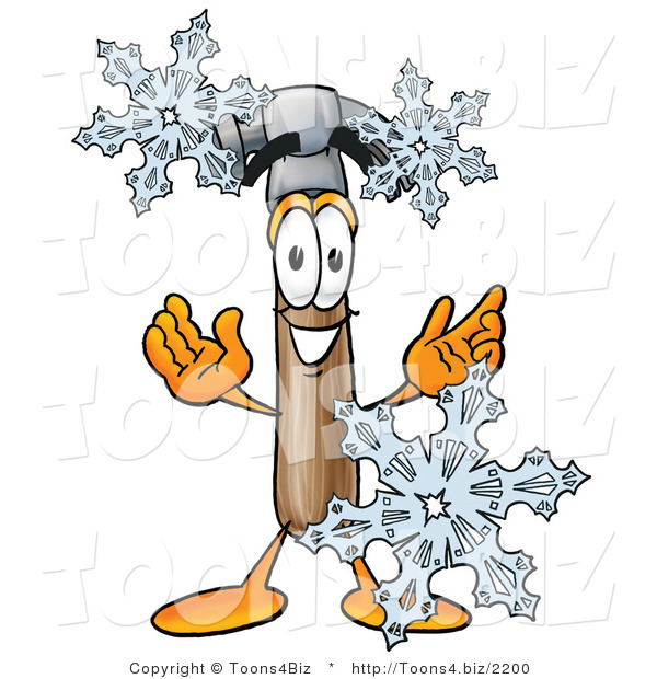 Illustration of a Cartoon Hammer Mascot with Three Snowflakes in Winter