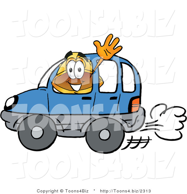 Illustration of a Cartoon Hard Hat Mascot Driving a Blue Car and Waving