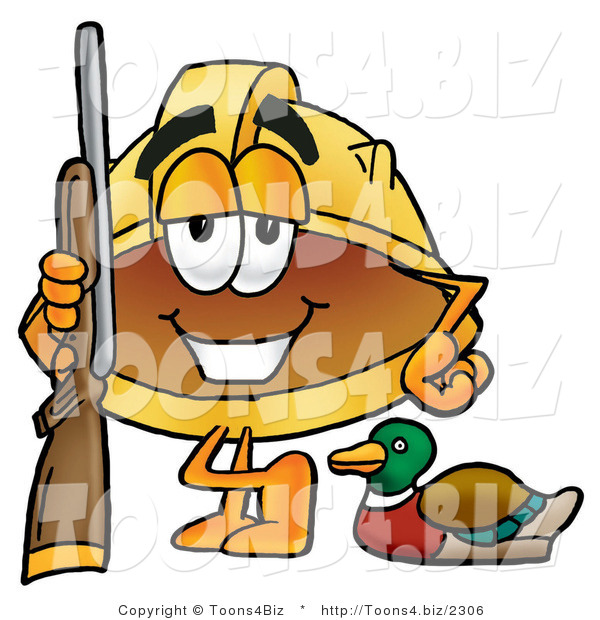 Illustration of a Cartoon Hard Hat Mascot Duck Hunting, Standing with a Rifle and Duck