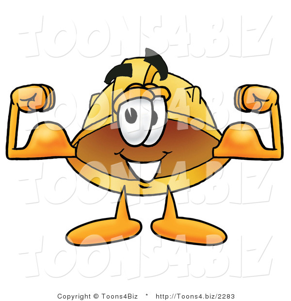 Illustration of a Cartoon Hard Hat Mascot Flexing His Arm Muscles