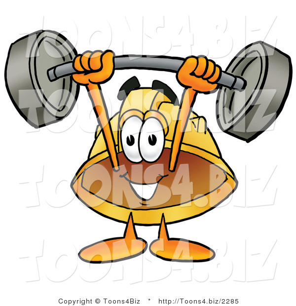 Illustration of a Cartoon Hard Hat Mascot Holding a Heavy Barbell Above His Head