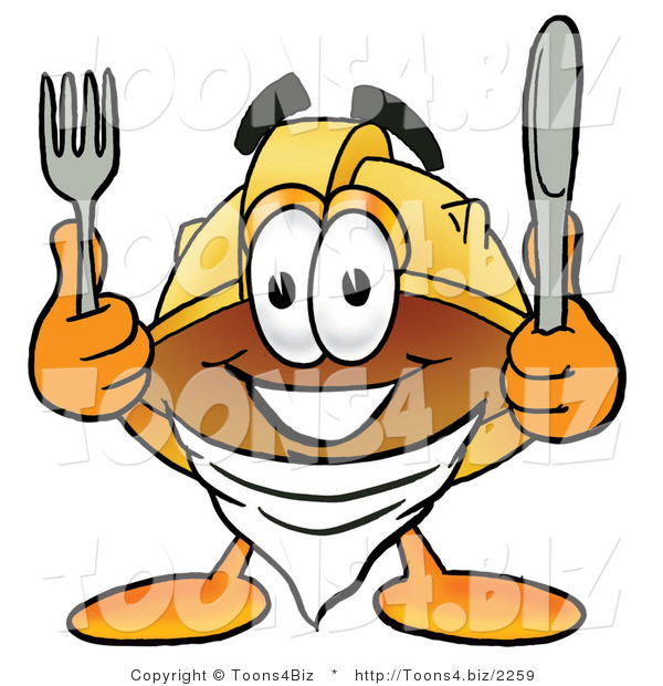 Illustration of a Cartoon Hard Hat Mascot Holding a Knife and Fork