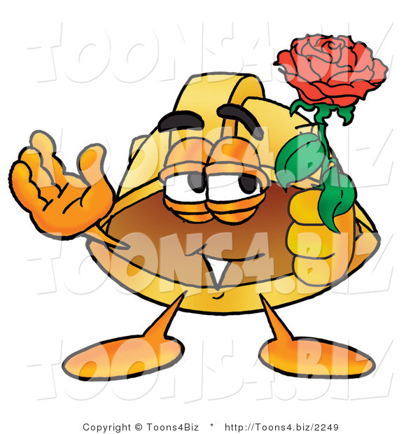 Illustration of a Cartoon Hard Hat Mascot Holding a Red Rose on Valentines Day