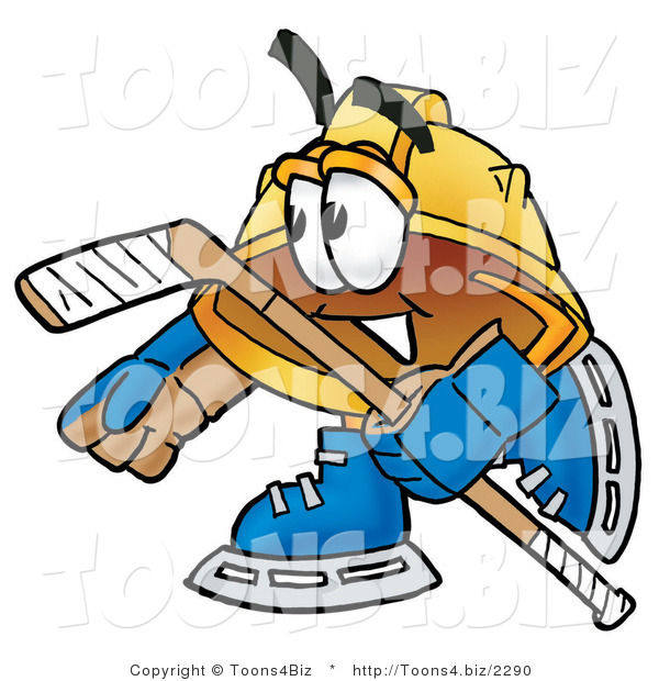 Illustration of a Cartoon Hard Hat Mascot Playing Ice Hockey