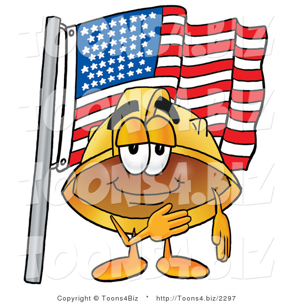 Illustration of a Cartoon Hard Hat Mascot Pledging Allegiance to an American Flag