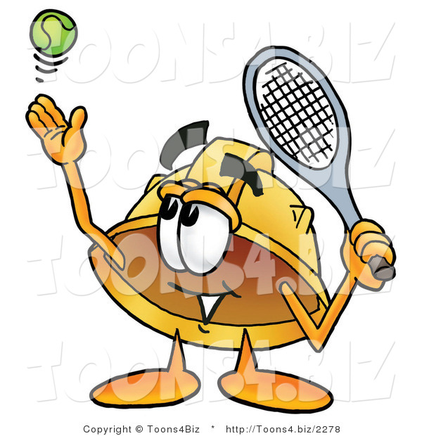 Illustration of a Cartoon Hard Hat Mascot Preparing to Hit a Tennis Ball