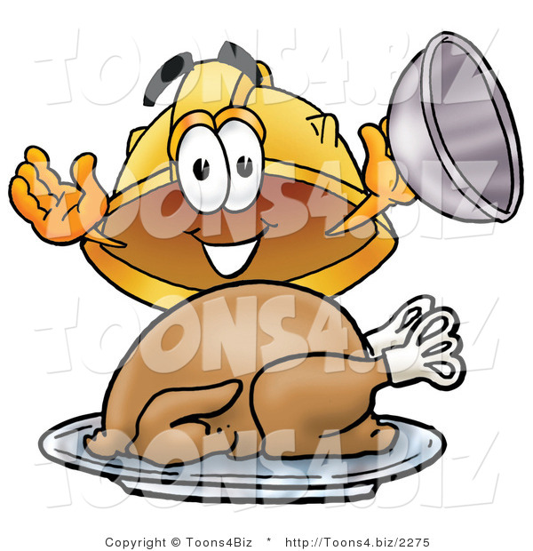 Illustration of a Cartoon Hard Hat Mascot Serving a Thanksgiving Turkey on a Platter