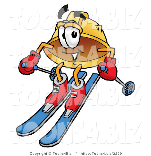 Illustration of a Cartoon Hard Hat Mascot Skiing Downhill