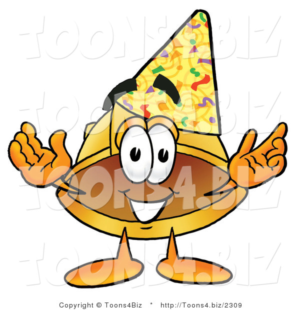 Illustration of a Cartoon Hard Hat Mascot Wearing a Birthday Party Hat