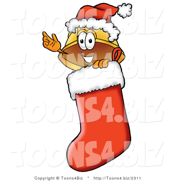 Illustration of a Cartoon Hard Hat Mascot Wearing a Santa Hat Inside a Red Christmas Stocking