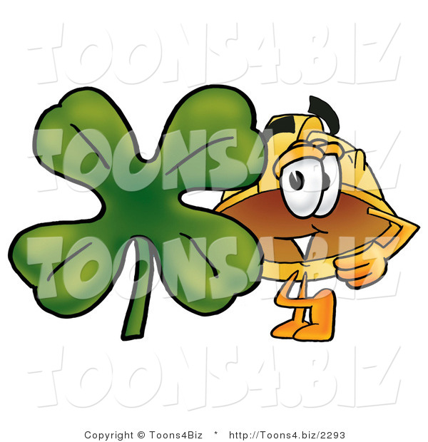 Illustration of a Cartoon Hard Hat Mascot with a Green Four Leaf Clover on St Paddy's or St Patricks Day