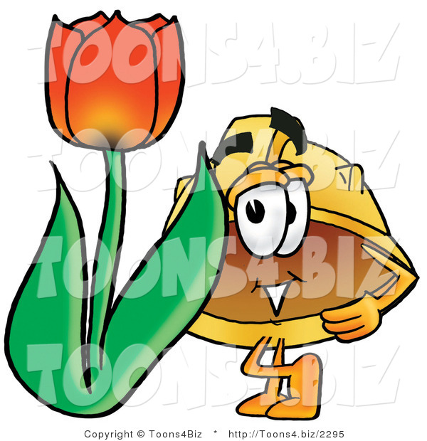 Illustration of a Cartoon Hard Hat Mascot with a Red Tulip Flower in the Spring