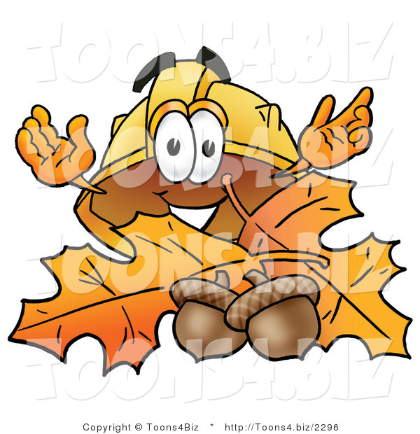 Illustration of a Cartoon Hard Hat Mascot with Autumn Leaves and Acorns in the Fall