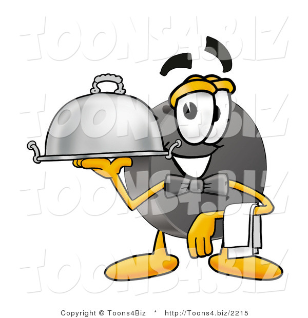 Illustration of a Cartoon Hockey Puck Mascot Dressed As a Waiter and Holding a Serving Platter