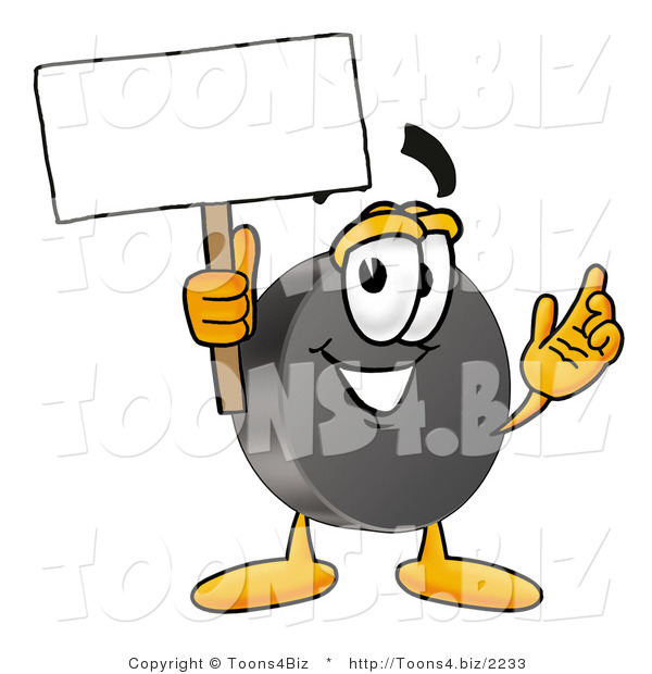 Illustration of a Cartoon Hockey Puck Mascot Holding a Blank Sign