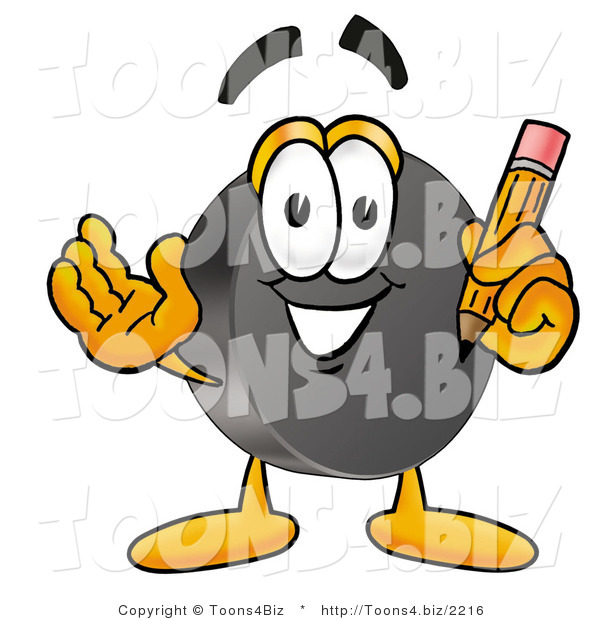 Illustration of a Cartoon Hockey Puck Mascot Holding a Pencil