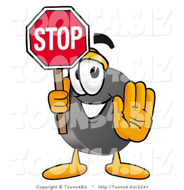 Illustration of a Cartoon Hockey Puck Mascot Holding a Stop Sign
