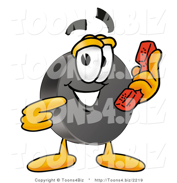 Illustration of a Cartoon Hockey Puck Mascot Holding a Telephone