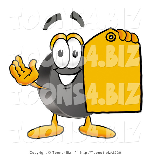 Illustration of a Cartoon Hockey Puck Mascot Holding a Yellow Sales Price Tag