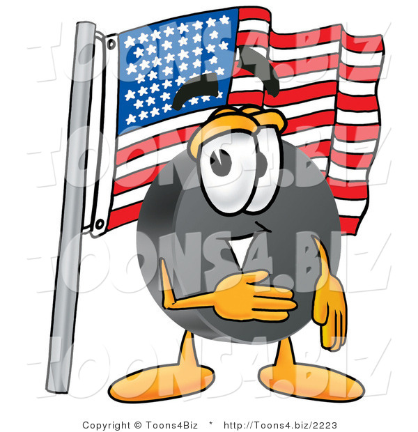 Illustration of a Cartoon Hockey Puck Mascot Pledging Allegiance to an American Flag