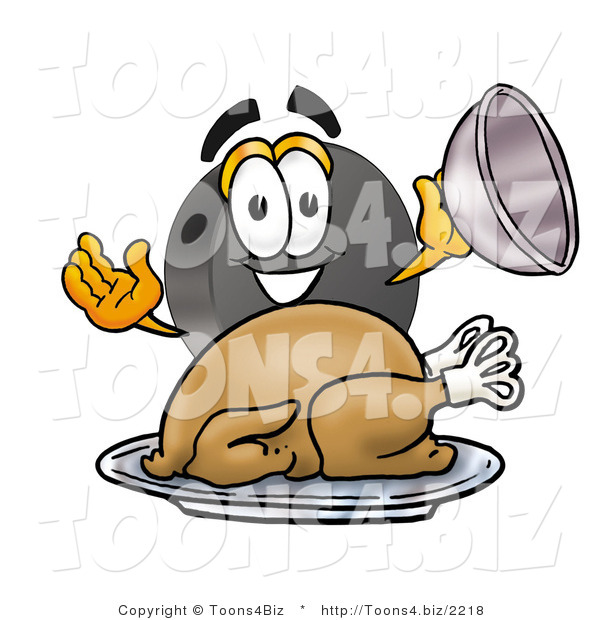 Illustration of a Cartoon Hockey Puck Mascot Serving a Thanksgiving Turkey on a Platter