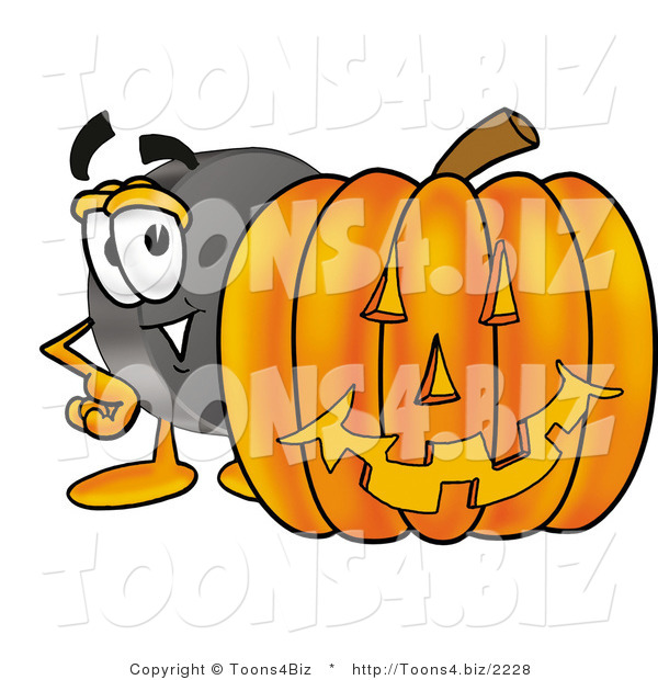 Illustration of a Cartoon Hockey Puck Mascot with a Carved Halloween Pumpkin