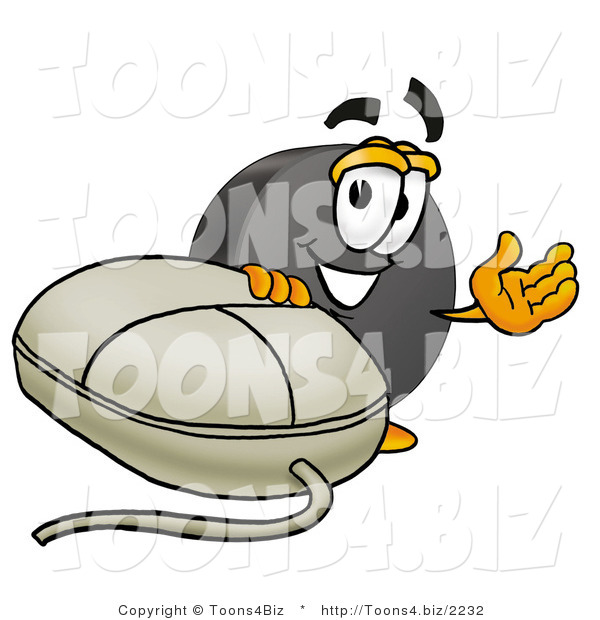 Illustration of a Cartoon Hockey Puck Mascot with a Computer Mouse