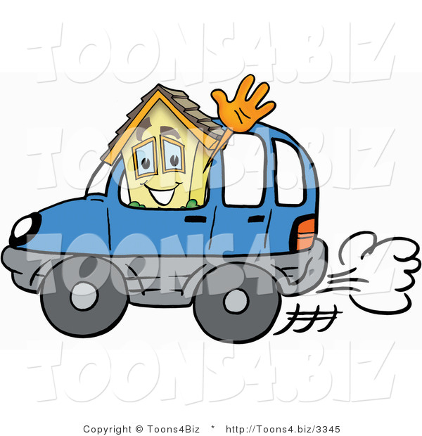 Illustration of a Cartoon House Mascot Driving a Blue Car and Waving