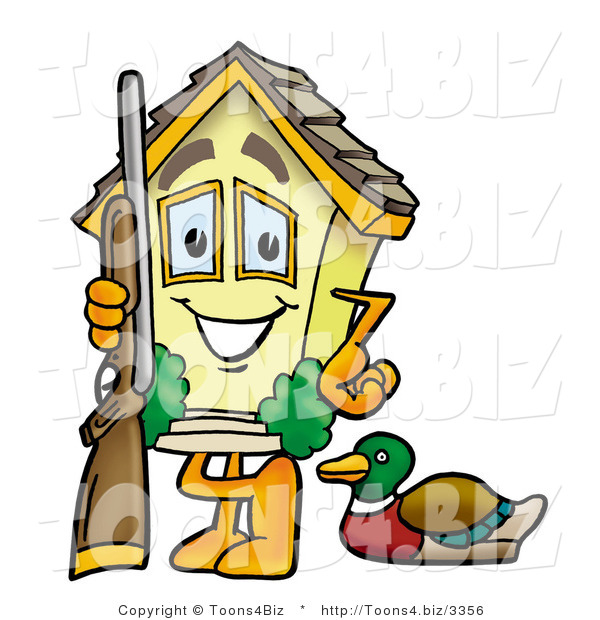 Illustration of a Cartoon House Mascot Duck Hunting, Standing with a Rifle and Duck