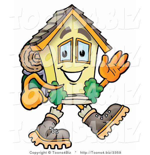 Illustration of a Cartoon House Mascot Hiking and Carrying a Backpack