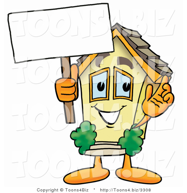 Illustration of a Cartoon House Mascot Holding a Blank Sign