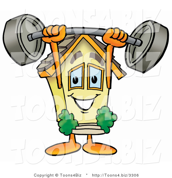 Illustration of a Cartoon House Mascot Holding a Heavy Barbell Above His Head