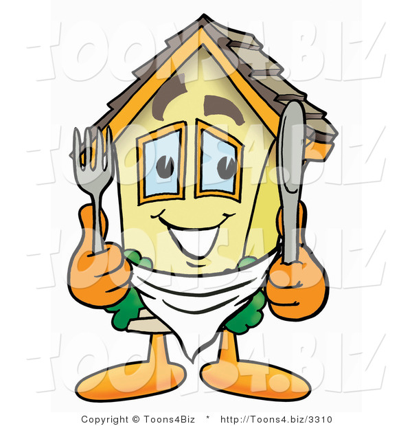 Illustration of a Cartoon House Mascot Holding a Knife and Fork