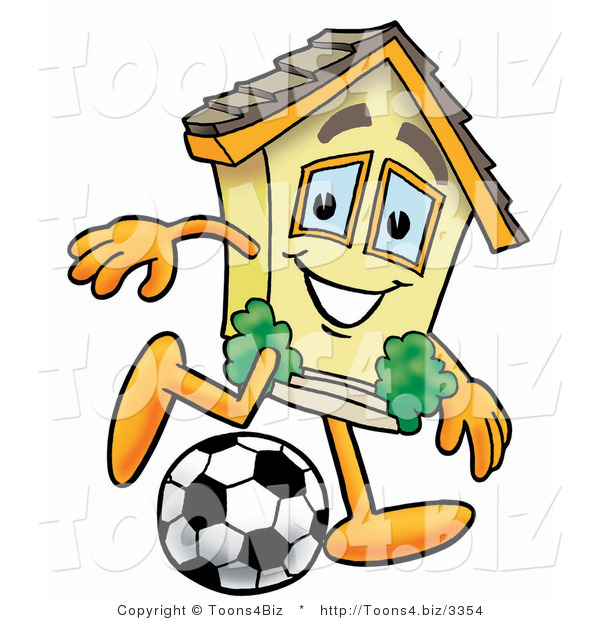 Illustration of a Cartoon House Mascot Kicking a Soccer Ball