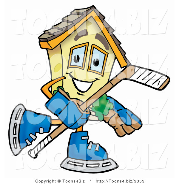 Illustration of a Cartoon House Mascot Playing Ice Hockey