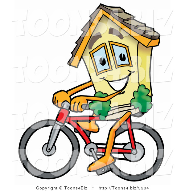 Illustration of a Cartoon House Mascot Riding a Bicycle