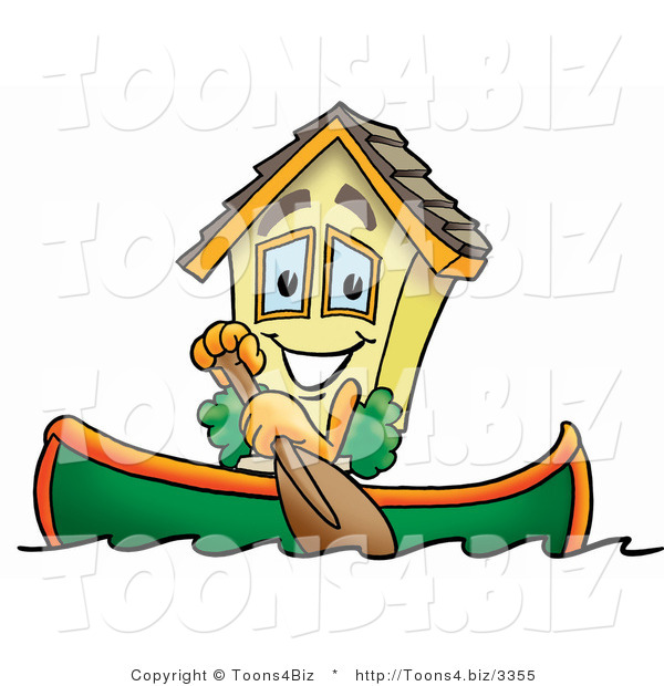 Illustration of a Cartoon House Mascot Rowing a Boat