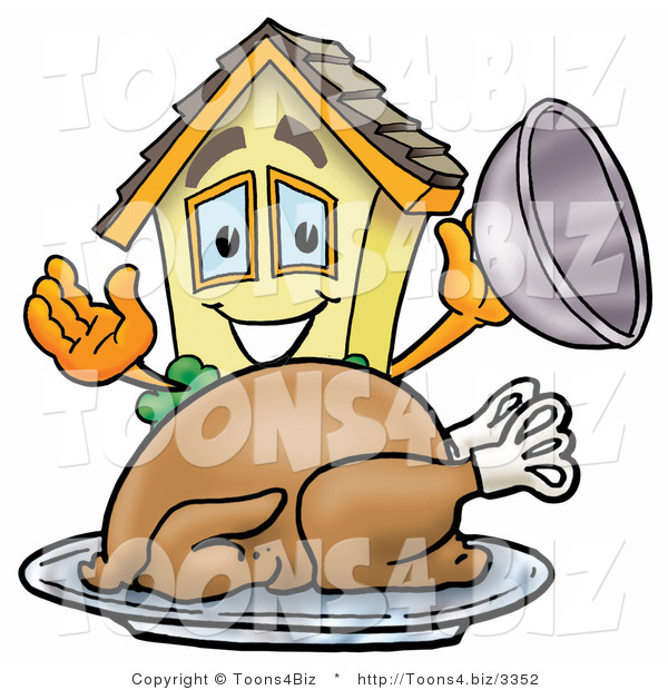 Illustration of a Cartoon House Mascot Serving a Thanksgiving Turkey on a Platter