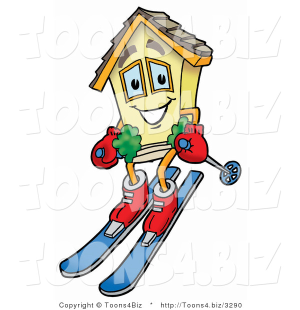 Illustration of a Cartoon House Mascot Skiing Downhill