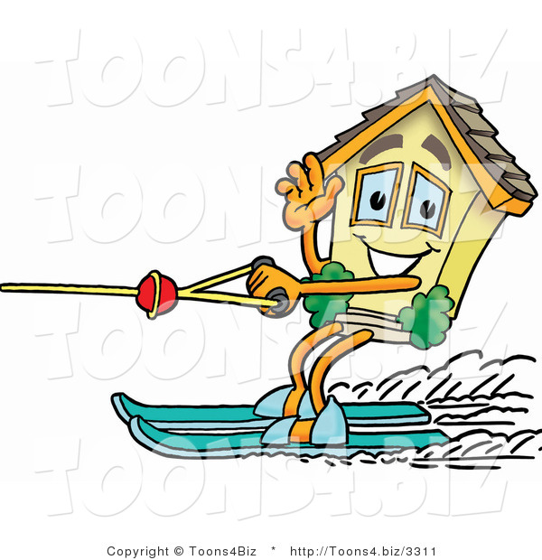 Illustration of a Cartoon House Mascot Waving While Water Skiing