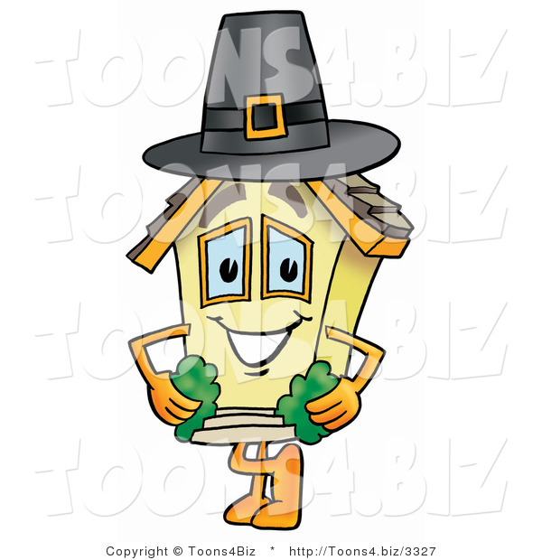 Illustration of a Cartoon House Mascot Wearing a Pilgrim Hat on Thanksgiving